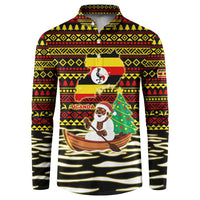 Uganda Christmas Button Sweatshirt with Santa in Canoe Christmas Tree Uganda Map Flag and Black Red Yellow Tribal Pattern Design - Wonder Print Shop