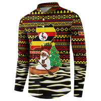 Uganda Christmas Button Sweatshirt with Santa in Canoe Christmas Tree Uganda Map Flag and Black Red Yellow Tribal Pattern Design - Wonder Print Shop