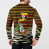 Uganda Christmas Button Sweatshirt with Santa in Canoe Christmas Tree Uganda Map Flag and Black Red Yellow Tribal Pattern Design - Wonder Print Shop