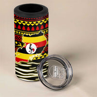 Uganda Christmas 4 in 1 Can Cooler Tumbler with Santa in Canoe Christmas Tree Uganda Map Flag and Black Red Yellow Tribal Pattern Design - Wonder Print Shop