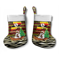 Uganda Christmas Stocking with Santa in Canoe Christmas Tree Uganda Map Flag and Black Red Yellow Tribal Pattern Design - Wonder Print Shop