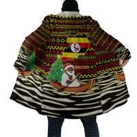 Uganda Christmas Cloak with Santa in Canoe Christmas Tree Uganda Map Flag and Black Red Yellow Tribal Pattern Design - Wonder Print Shop