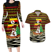 Uganda Christmas Couples Matching Long Sleeve Bodycon Dress and Hawaiian Shirt with Santa in Canoe Christmas Tree Uganda Map Flag and Black Red Yellow Tribal Pattern Design - Wonder Print Shop