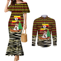 Uganda Christmas Couples Matching Mermaid Dress and Long Sleeve Button Shirt with Santa in Canoe Christmas Tree Uganda Map Flag and Black Red Yellow Tribal Pattern Design - Wonder Print Shop