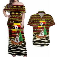 Uganda Christmas Couples Matching Off Shoulder Maxi Dress and Hawaiian Shirt with Santa in Canoe Christmas Tree Uganda Map Flag and Black Red Yellow Tribal Pattern Design - Wonder Print Shop