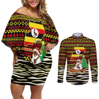 Uganda Christmas Couples Matching Off Shoulder Short Dress and Long Sleeve Button Shirt with Santa in Canoe Christmas Tree Uganda Map Flag and Black Red Yellow Tribal Pattern Design - Wonder Print Shop
