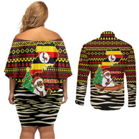 Uganda Christmas Couples Matching Off Shoulder Short Dress and Long Sleeve Button Shirt with Santa in Canoe Christmas Tree Uganda Map Flag and Black Red Yellow Tribal Pattern Design - Wonder Print Shop