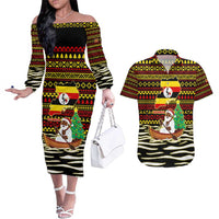 Uganda Christmas Couples Matching Off The Shoulder Long Sleeve Dress and Hawaiian Shirt with Santa in Canoe Christmas Tree Uganda Map Flag and Black Red Yellow Tribal Pattern Design - Wonder Print Shop