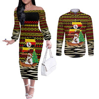 Uganda Christmas Couples Matching Off The Shoulder Long Sleeve Dress and Long Sleeve Button Shirt with Santa in Canoe Christmas Tree Uganda Map Flag and Black Red Yellow Tribal Pattern Design - Wonder Print Shop