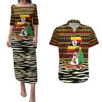 Uganda Christmas Couples Matching Puletasi and Hawaiian Shirt with Santa in Canoe Christmas Tree Uganda Map Flag and Black Red Yellow Tribal Pattern Design - Wonder Print Shop