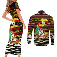 Uganda Christmas Couples Matching Short Sleeve Bodycon Dress and Long Sleeve Button Shirt with Santa in Canoe Christmas Tree Uganda Map Flag and Black Red Yellow Tribal Pattern Design - Wonder Print Shop