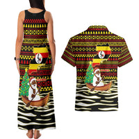 Uganda Christmas Couples Matching Tank Maxi Dress and Hawaiian Shirt with Santa in Canoe Christmas Tree Uganda Map Flag and Black Red Yellow Tribal Pattern Design - Wonder Print Shop