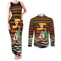 Uganda Christmas Couples Matching Tank Maxi Dress and Long Sleeve Button Shirt with Santa in Canoe Christmas Tree Uganda Map Flag and Black Red Yellow Tribal Pattern Design - Wonder Print Shop