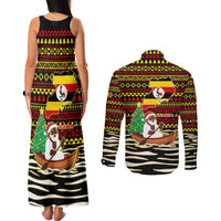 Uganda Christmas Couples Matching Tank Maxi Dress and Long Sleeve Button Shirt with Santa in Canoe Christmas Tree Uganda Map Flag and Black Red Yellow Tribal Pattern Design - Wonder Print Shop