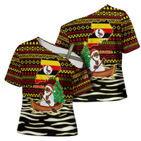 Uganda Christmas Cross Shoulder Shirt with Santa in Canoe Christmas Tree Uganda Map Flag and Black Red Yellow Tribal Pattern Design - Wonder Print Shop