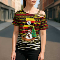 Uganda Christmas Cross Shoulder Shirt with Santa in Canoe Christmas Tree Uganda Map Flag and Black Red Yellow Tribal Pattern Design - Wonder Print Shop