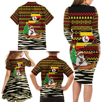 Uganda Christmas Family Matching Long Sleeve Bodycon Dress and Hawaiian Shirt with Santa in Canoe Christmas Tree Uganda Map Flag and Black Red Yellow Tribal Pattern Design - Wonder Print Shop