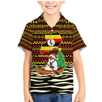 Uganda Christmas Family Matching Mermaid Dress and Hawaiian Shirt with Santa in Canoe Christmas Tree Uganda Map Flag and Black Red Yellow Tribal Pattern Design - Wonder Print Shop