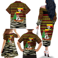 Uganda Christmas Family Matching Off The Shoulder Long Sleeve Dress and Hawaiian Shirt with Santa in Canoe Christmas Tree Uganda Map Flag and Black Red Yellow Tribal Pattern Design - Wonder Print Shop