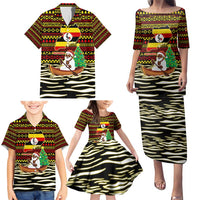 Uganda Christmas Family Matching Puletasi and Hawaiian Shirt with Santa in Canoe Christmas Tree Uganda Map Flag and Black Red Yellow Tribal Pattern Design - Wonder Print Shop