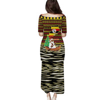 Uganda Christmas Family Matching Puletasi and Hawaiian Shirt with Santa in Canoe Christmas Tree Uganda Map Flag and Black Red Yellow Tribal Pattern Design - Wonder Print Shop