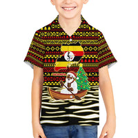 Uganda Christmas Family Matching Puletasi and Hawaiian Shirt with Santa in Canoe Christmas Tree Uganda Map Flag and Black Red Yellow Tribal Pattern Design - Wonder Print Shop