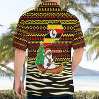 Uganda Christmas Hawaiian Shirt with Santa in Canoe Christmas Tree Uganda Map Flag and Black Red Yellow Tribal Pattern Design - Wonder Print Shop