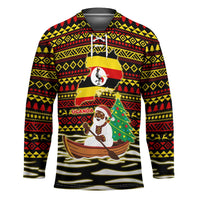 Uganda Christmas Hockey Jersey with Santa in Canoe Christmas Tree Uganda Map Flag and Black Red Yellow Tribal Pattern Design - Wonder Print Shop