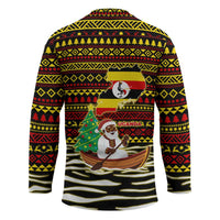 Uganda Christmas Hockey Jersey with Santa in Canoe Christmas Tree Uganda Map Flag and Black Red Yellow Tribal Pattern Design - Wonder Print Shop