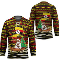 Uganda Christmas Hockey Jersey with Santa in Canoe Christmas Tree Uganda Map Flag and Black Red Yellow Tribal Pattern Design - Wonder Print Shop