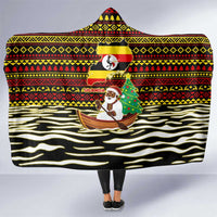Uganda Christmas Hooded Blanket with Santa in Canoe Christmas Tree Uganda Map Flag and Black Red Yellow Tribal Pattern Design - Wonder Print Shop