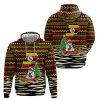 Uganda Christmas Hoodie with Santa in Canoe Christmas Tree Uganda Map Flag and Black Red Yellow Tribal Pattern Design - Wonder Print Shop