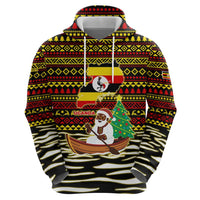 Uganda Christmas Hoodie with Santa in Canoe Christmas Tree Uganda Map Flag and Black Red Yellow Tribal Pattern Design - Wonder Print Shop