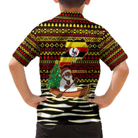 Uganda Christmas Kid Hawaiian Shirt with Santa in Canoe Christmas Tree Uganda Map Flag and Black Red Yellow Tribal Pattern Design - Wonder Print Shop