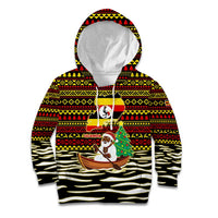 Uganda Christmas Kid Hoodie with Santa in Canoe Christmas Tree Uganda Map Flag and Black Red Yellow Tribal Pattern Design - Wonder Print Shop