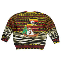 Uganda Christmas Kid Ugly Christmas Sweater with Santa in Canoe Christmas Tree Uganda Map Flag and Black Red Yellow Tribal Pattern Design - Wonder Print Shop