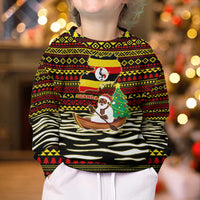 Uganda Christmas Kid Ugly Christmas Sweater with Santa in Canoe Christmas Tree Uganda Map Flag and Black Red Yellow Tribal Pattern Design - Wonder Print Shop
