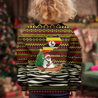 Uganda Christmas Kid Ugly Christmas Sweater with Santa in Canoe Christmas Tree Uganda Map Flag and Black Red Yellow Tribal Pattern Design - Wonder Print Shop