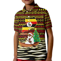 Uganda Christmas Kid Polo Shirt with Santa in Canoe Christmas Tree Uganda Map Flag and Black Red Yellow Tribal Pattern Design - Wonder Print Shop