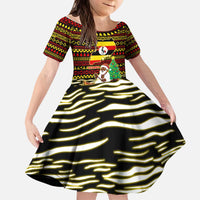 Uganda Christmas Kid Short Sleeve Dress with Santa in Canoe Christmas Tree Uganda Map Flag and Black Red Yellow Tribal Pattern Design - Wonder Print Shop