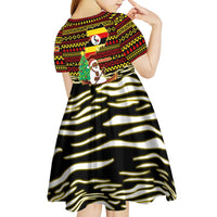 Uganda Christmas Kid Short Sleeve Dress with Santa in Canoe Christmas Tree Uganda Map Flag and Black Red Yellow Tribal Pattern Design - Wonder Print Shop