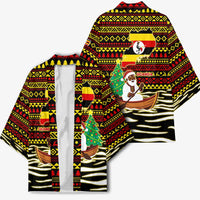 Uganda Christmas Kimono with Santa in Canoe Christmas Tree Uganda Map Flag and Black Red Yellow Tribal Pattern Design - Wonder Print Shop