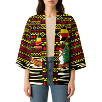 Uganda Christmas Kimono with Santa in Canoe Christmas Tree Uganda Map Flag and Black Red Yellow Tribal Pattern Design - Wonder Print Shop