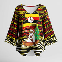 Uganda Christmas Kimono Sleeve Blouse with Santa in Canoe Christmas Tree Uganda Map Flag and Black Red Yellow Tribal Pattern Design - Wonder Print Shop
