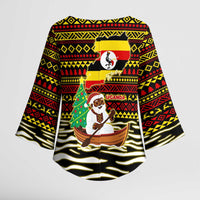 Uganda Christmas Kimono Sleeve Blouse with Santa in Canoe Christmas Tree Uganda Map Flag and Black Red Yellow Tribal Pattern Design - Wonder Print Shop