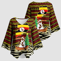 Uganda Christmas Kimono Sleeve Blouse with Santa in Canoe Christmas Tree Uganda Map Flag and Black Red Yellow Tribal Pattern Design - Wonder Print Shop