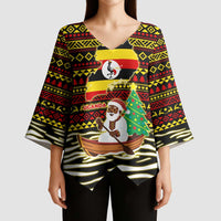 Uganda Christmas Kimono Sleeve Blouse with Santa in Canoe Christmas Tree Uganda Map Flag and Black Red Yellow Tribal Pattern Design - Wonder Print Shop