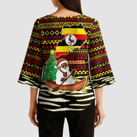 Uganda Christmas Kimono Sleeve Blouse with Santa in Canoe Christmas Tree Uganda Map Flag and Black Red Yellow Tribal Pattern Design - Wonder Print Shop