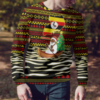 Uganda Christmas Ugly Christmas Sweater with Santa in Canoe Christmas Tree Uganda Map Flag and Black Red Yellow Tribal Pattern Design - Wonder Print Shop