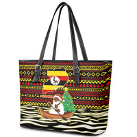 Uganda Christmas Leather Tote Bag with Santa in Canoe Christmas Tree Uganda Map Flag and Black Red Yellow Tribal Pattern Design - Wonder Print Shop
